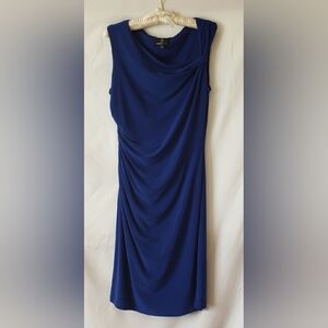 Ronni Nicole Blue Draped Sleeveless Sheath Dress With Asymmetrical Draped Neck